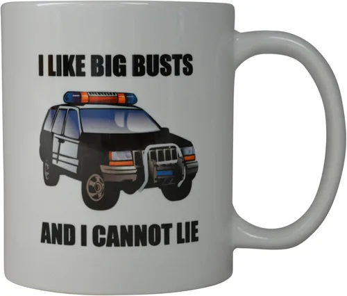 Vista 2 de Rogue River Tactical Divertida taza de café de policía con texto en inglés "I Like Big Busts And This Is How I Roll Cop Car Novelty Cup Set