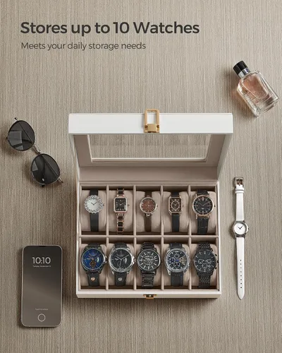 Vista 4 de SONGMICS Caja de reloj, regalos de Navidad, caja de reloj de 10 ranuras con tapa de vidrio grande, almohadas de reloj extraíbles, organizador