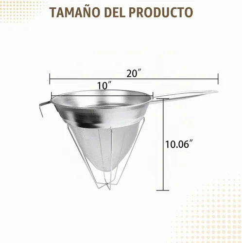 Vista 2 de 10" colador chinois, tamiz cónico de caldo de malla fina de acero inoxidable 18/8