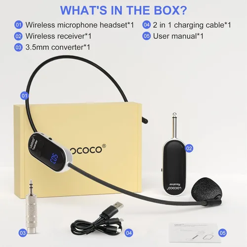Vista 9 de Sistema de micrófono inalámbrico UHF para auriculares: Auriculares con micrófono - Pantalla digital LED, micrófono de cabeza y de mano 2 en 1