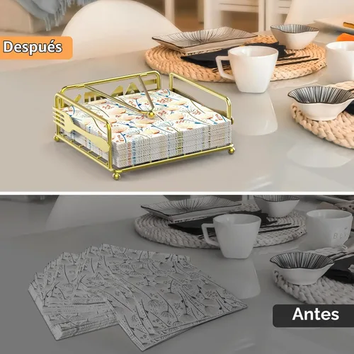 Vista 4 de Servilletero para mesa, dispensador de servilletas plano con brazo con peso, soporte cuadrado de papel de cóctel de elegante hierro rústico para Oro