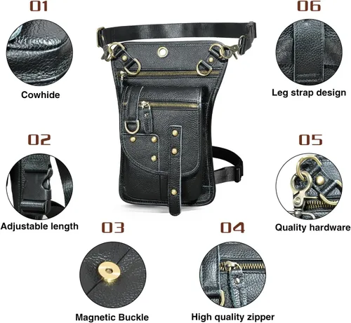 Vista 5 de Handadsume Riñonera de lona resistente al agua + cuero para motocicleta, riñonera de viaje para muslo, bolsa para hombres y mujeres, FB2141, 100%
