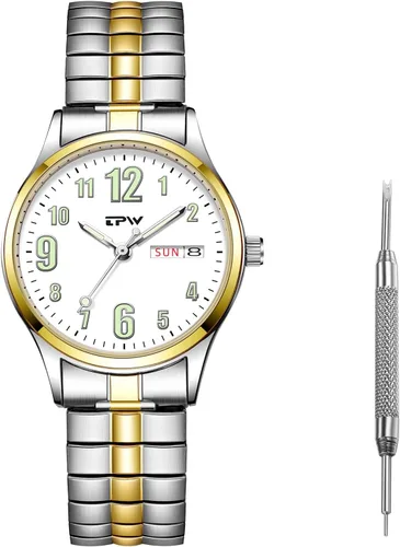 Vista 18 de JewelryWe Reloj de lectura fácil ultrafino para mujer con correa elástica de tono dorado/plateado