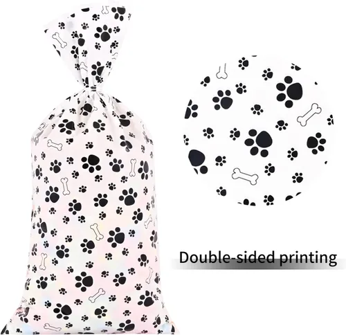 Vista 3 de Lecferrarc 100 bolsas de golosinas con estampado de hueso de pata de perro, bolsas de dulces de celofán, bolsas de plástico para almacenamiento