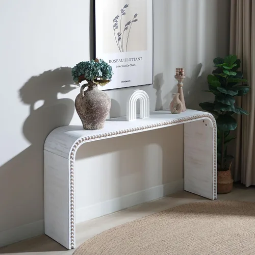 Vista 3 de Mesa consola blanca moderna de 59 pulgadas con cuentas de madera, mesa de entrada de madera rústica con estilo cascada curva, mesa de sofá de granja