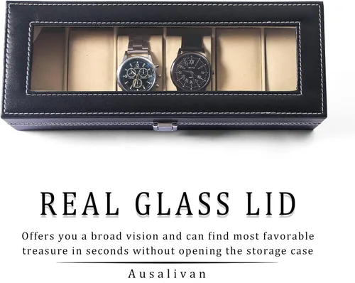 Vista 6 de Long Men Estuche organizador de relojes para hombre, caja de almacenamiento de viaje para mujer, 6 ranuras de cuero sintético para relojes, soporte