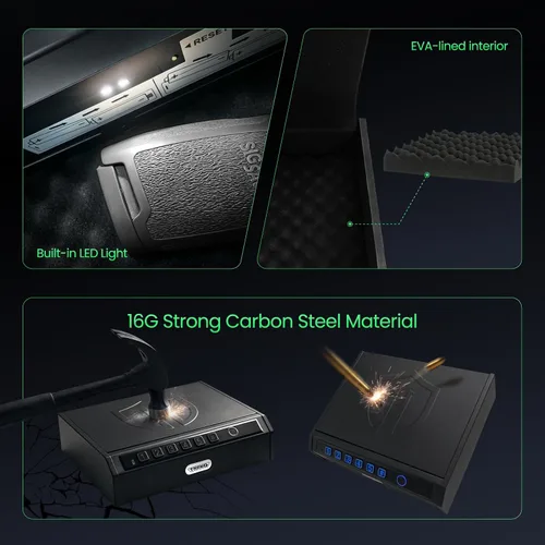 Vista 3 de Caja fuerte biométrica para pistola, se adapta a 2 pistolas de tamaño Negro