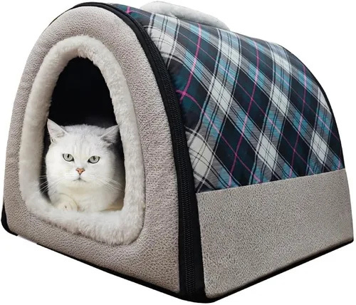 Vista 6 de Cama para gato o cama para perro, 2 formas de uso, casa de mascotas para interior con alfombra esponjosa, cubierta extraíble y lavable, fondo Grúas