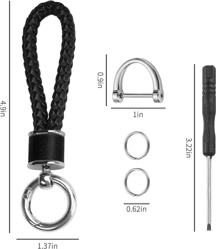 Vista 5 de Tukellen Llavero de tejido de cuero para automóvil, llavero de regalo para mujer, con anillo en D giratorio de 360 grados y destornillador