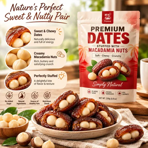 Vista 2 de Dátiles rellenos de macadamia, fechas premium con nueces de macadamia, 8.8 Rojo