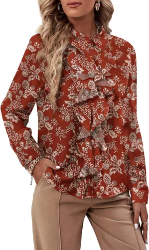 Vista 18 de LYANER - Blusa de manga larga con cuello de botón y volantes en la parte delantera para mujer