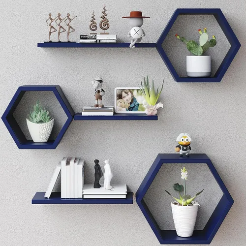 Vista 12 de Estantes flotantes hexagonales de madera para montar en la pared, juego de 6 estantes hexagonales de madera de pino para fotos, plantas, estantes