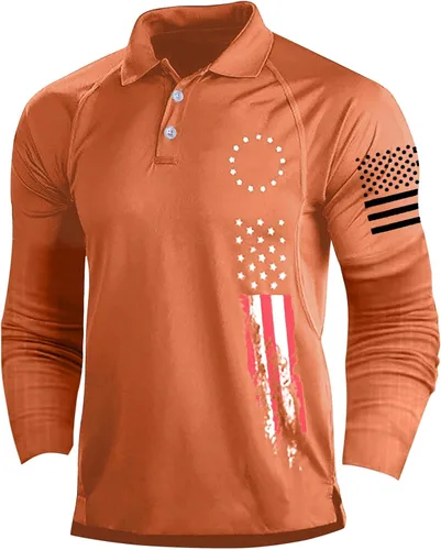 Vista 7 de Camisa polo de manga larga con bandera estadounidense para hombre, cuello gráfico patriótico, camiseta de golf, moderna, casual, cuello en V, tops