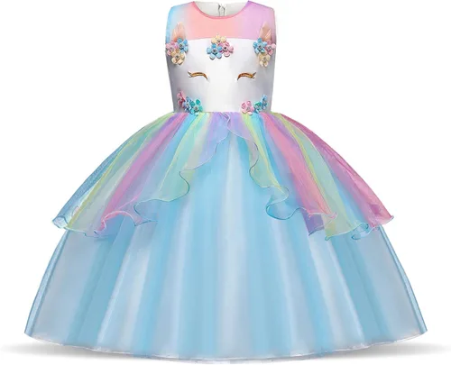 Vista 2 de Disfraz de unicornio de flores para niñas, vestido de fiesta de princesa con diadema