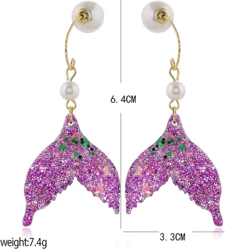 Vista 2 de Pendientes de cola de sirena con lentejuelas fantasía océano luz pendientes púrpura cola de pescado pendientes borla pendientes creativo gancho