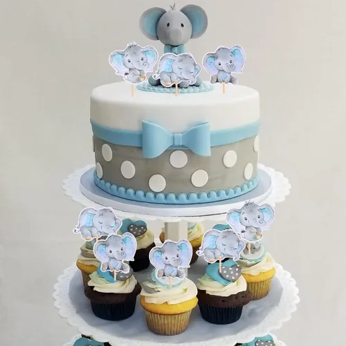 Vista 6 de 36 piezas de decoración de cupcakes de elefante azul It's a Boy Baby Shower para temática de elefante, revelación de género, baby shower, niños