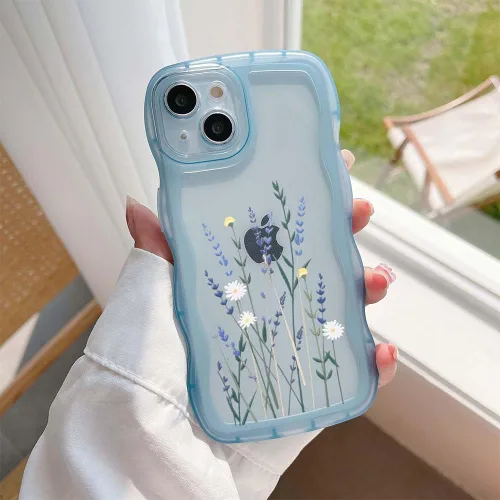 Vista 4 de Funda compatible con iPhone 14 Pro, bonita funda ondulada con diseño de flores transparentes mate, funda protectora estética floral de TPU suave