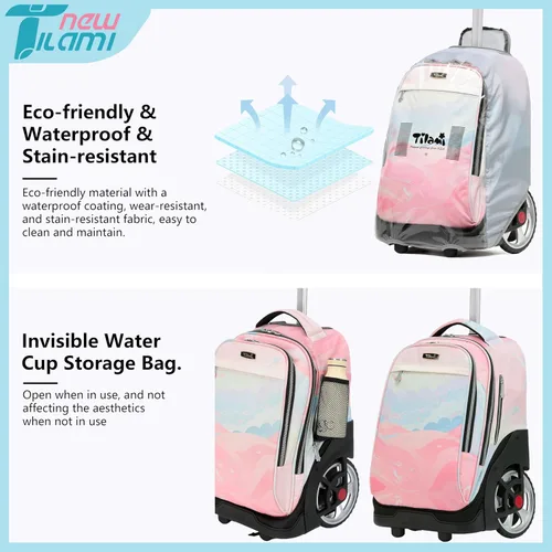 Vista 23 de NEW TILAMI Mochila con ruedas de 19 pulgadas con bolsa de almuerzo para niñas y niños, mochila para laptop con ruedas, bolsa de mano duradera