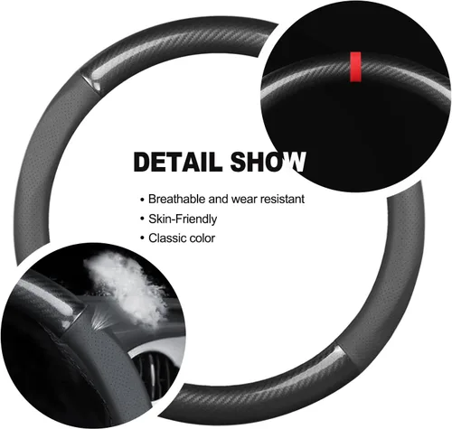 Vista 6 de Ergocar Funda deportiva de fibra de carbono y cuero PU para volante de automóvil, protector antideslizante para volante de automóvil universal