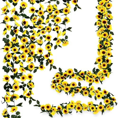 Vista 11 de Uieke Paquete de 2 guirnaldas artificiales de girasol, 6 pies/hebra, girasoles de seda colgantes enredaderas, guirnalda de flores con hojas verdes