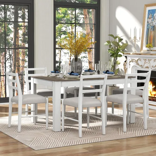 Vista 3 de Juego de mesa de comedor de madera de 7 piezas, mesa extensible multifuncional con hojas de 12 pulgadas y 2 cajones, 6 sillas de comedor con cojín
