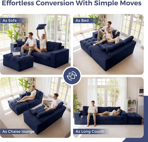 Vista 3 de MAXYOYO Sofá modular modular en forma de L de 104 pulgadas con otomana, sofá copetudo sin hueso con cojín en capas, sofá combinado tapizado de Azul