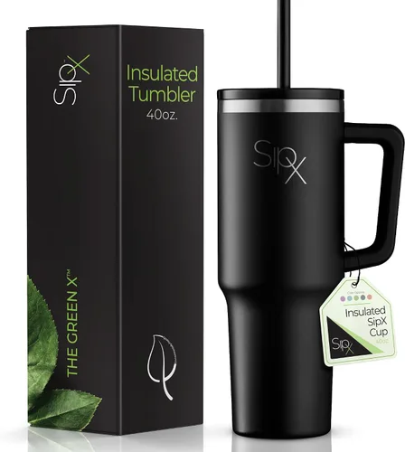 Vista 10 de SipX™ Vaso aislado de 30 onzas con asa y pajita, acero inoxidable aislado al vacío, a prueba de fugas, apto para portavasos - Perfecto para café