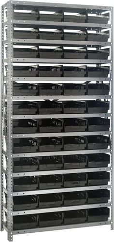 Vista 240 de Quantum QSBU-245BK Heavy Duty Shelving Unit with (7) Shelves and (24) QUS245 Black Bins for Garage Warehouse Storage Distribution 400 lb Load