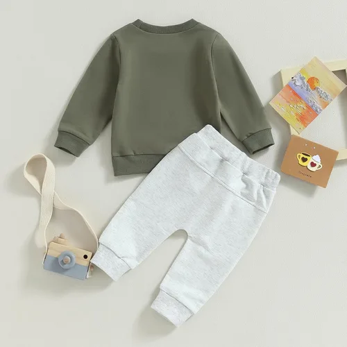 Vista 3 de Ropa de bebé niño de manga larga con estampado de letras de Little Guy, sudadera con pantalones deportivos para otoño