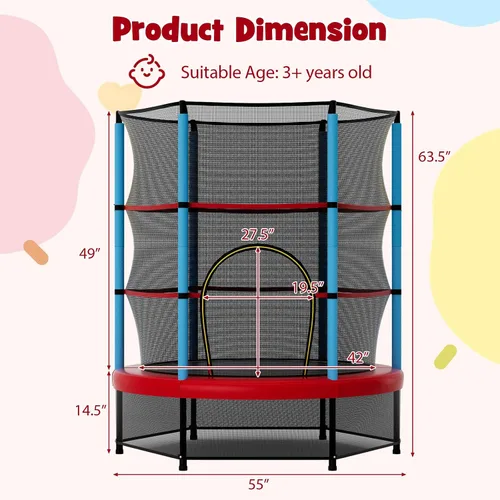 Vista 5 de Goplus Trampolín de 55 pulgadas para niños, cama elástica para niños con red de seguridad, diseño sin costuras, mini rebote recreativo