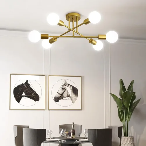 Vista 2 de Lámpara de techo Sputnik dorada de 6 luces, lámpara de comedor