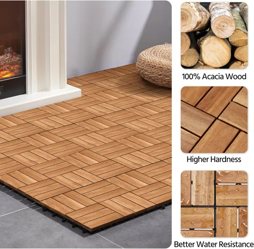 Vista 4 de Yaheetech 27 piezas de baldosas de madera dura entrelazadas para terraza de patio Acacia, baldosas de piso de madera impermeables para patio