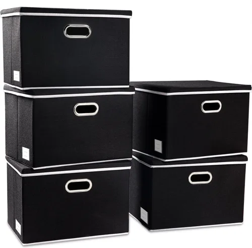 Vista 24 de PRANDOM Contenedores de almacenamiento con tapas [paquete de 3] cajas de almacenamiento plegables de tela de lino, canastas organizadoras, cubos