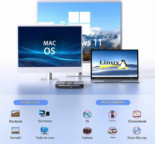 Vista 6 de Unidad externa ultrafina de CD y DVD con cable extralargo de 31.5 pulgadas