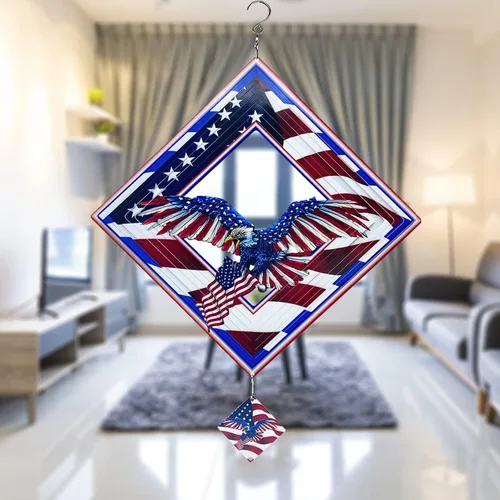 Vista 4 de Hilanderos de Águila para Patio y Jardín, Hilandero de Viento Colgante, Atrapadores de Viento 3D de Metal, Hilandero Cinético de Bandera Americana