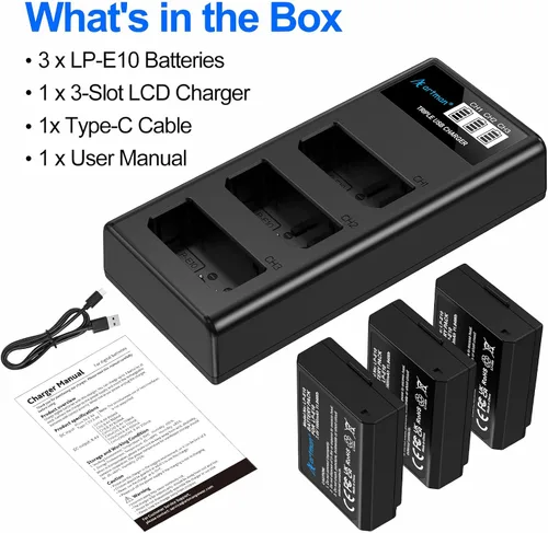 Vista 7 de Artman LP-E10 - Paquete de 3 baterías de 1600 mAh y cargador LCD de 3 ranuras para Canon LP E10, EOS Rebel T7 T6 T5 T3 T100, Kiss X50 X70 X70 X80