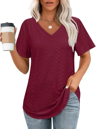 Vista 32 de OFEEFAN Camisetas básicas de manga corta con cuello en V para mujer, ajuste holgado, con dobladillo curvado B-verde
