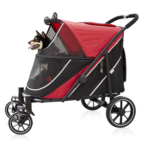 Vista 12 de Cochecito para perros medianos y grandes, plegable con un solo clic, cochecito para mascotas extra grande para 2 perros con bolsillo
