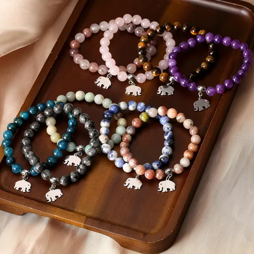 Vista 5 de Regalos de elefante para mujer, pulseras de relajación curativas de piedra natural, de 0.315in antiansiedad, piedras de cristal para aliviar