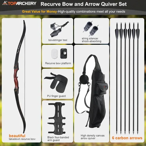 Vista 2 de TOPARCHERY Arco recurvo desmontable de caza de 60" y juego de flechas para adultos, práctica, competencia, kit de arco largo de 30-50 libras con 6