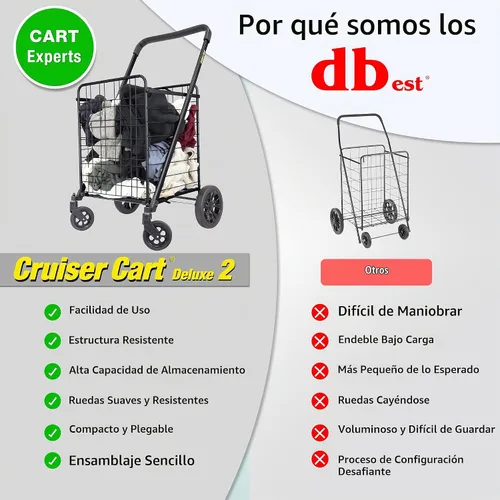 Vista 5 de dbest products - Carrito Cruiser Deluxe 2 para compras y comestibles con ruedas, cesta de lavandería plegable, carrito de utilidad compacto, ligero