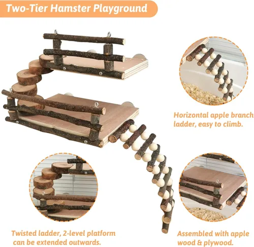 Vista 3 de Fhiny Juguetes de escalada de hámster, plataforma de actividad de madera de 2 capas con puente colgante para patio de recreo, accesorios de jaula
