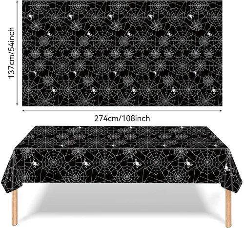 Vista 2 de Mantel de plástico de telaraña de Halloween de 3 piezas de 54 x 108 pulgadas - Telaraña negra y blanca con patrones de arañas, cubierta de mesa