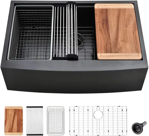 Vista 10 de Fregadero negro de 24 pulgadas para casa de campo, fregadero de cocina de 24 x 22 pulgadas con delantal frontal, acero inoxidable de calibre 16