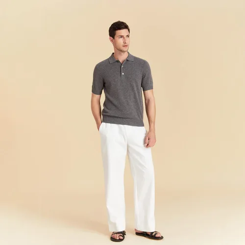 Vista 4 de GreenMount Polo de cachemira para hombre Jacquard manga corta suave ligero