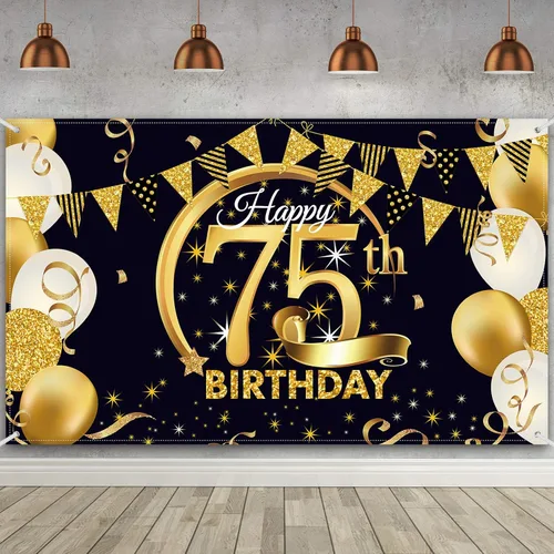 Vista 13 de Decoración de fiesta de cumpleaños número 15, cartel póster de tela extra grande negro y dorado para telón de fondo de cabina de fotos