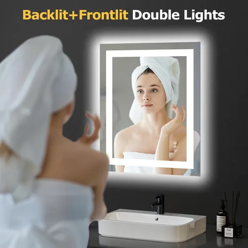 Vista 2 de Hivone - Espejo de baño LED de 24x30 pulgadas con luces, función antivaho, regulable, retroiluminado + iluminación frontal, espejo de tocador