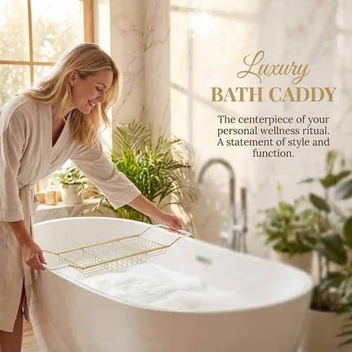 Vista 3 de Cabilock Bandeja de baño de acero inoxidable de lujo – Estante de baño moderno expandible de 24.8 pulgadas para bañera con copa de vino y soporte