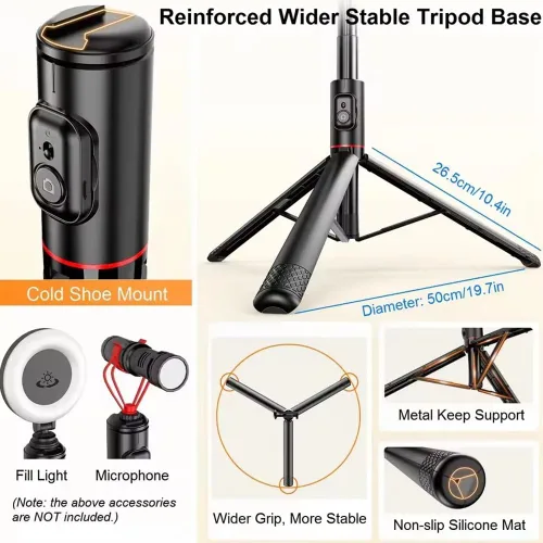 Vista 4 de Palo selfie de 72 pulgadas, trípode todo en 1, kit de video con control remoto inalámbrico integrado, portátil, ligero, trípode extensible para Negro