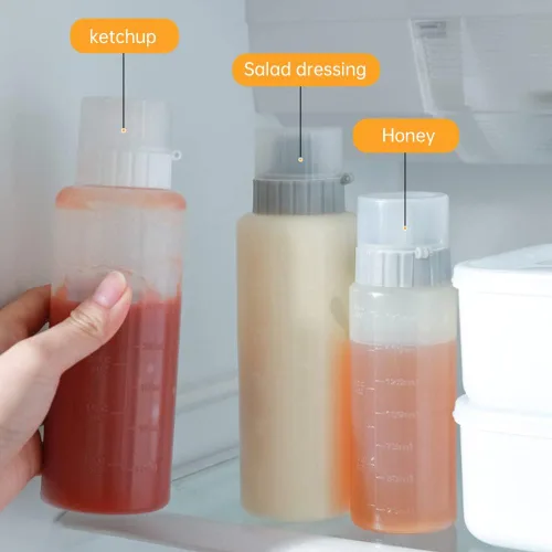 Vista 9 de Botella exprimible de salsa de 5 agujeros, botella de condimentos medibles de 5.9 fl oz con tapa a prueba de fugas, botella de plástico transparente